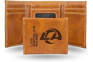 Rico Industries NFL LA Rams Men's Trifold Brown Wallet- Premium Laser-Engraved NFL Team Logo on Vegan/Faux Leather- Minimalist Design Includes ID Window and Credit Card Holder- Ideal Men's Gift