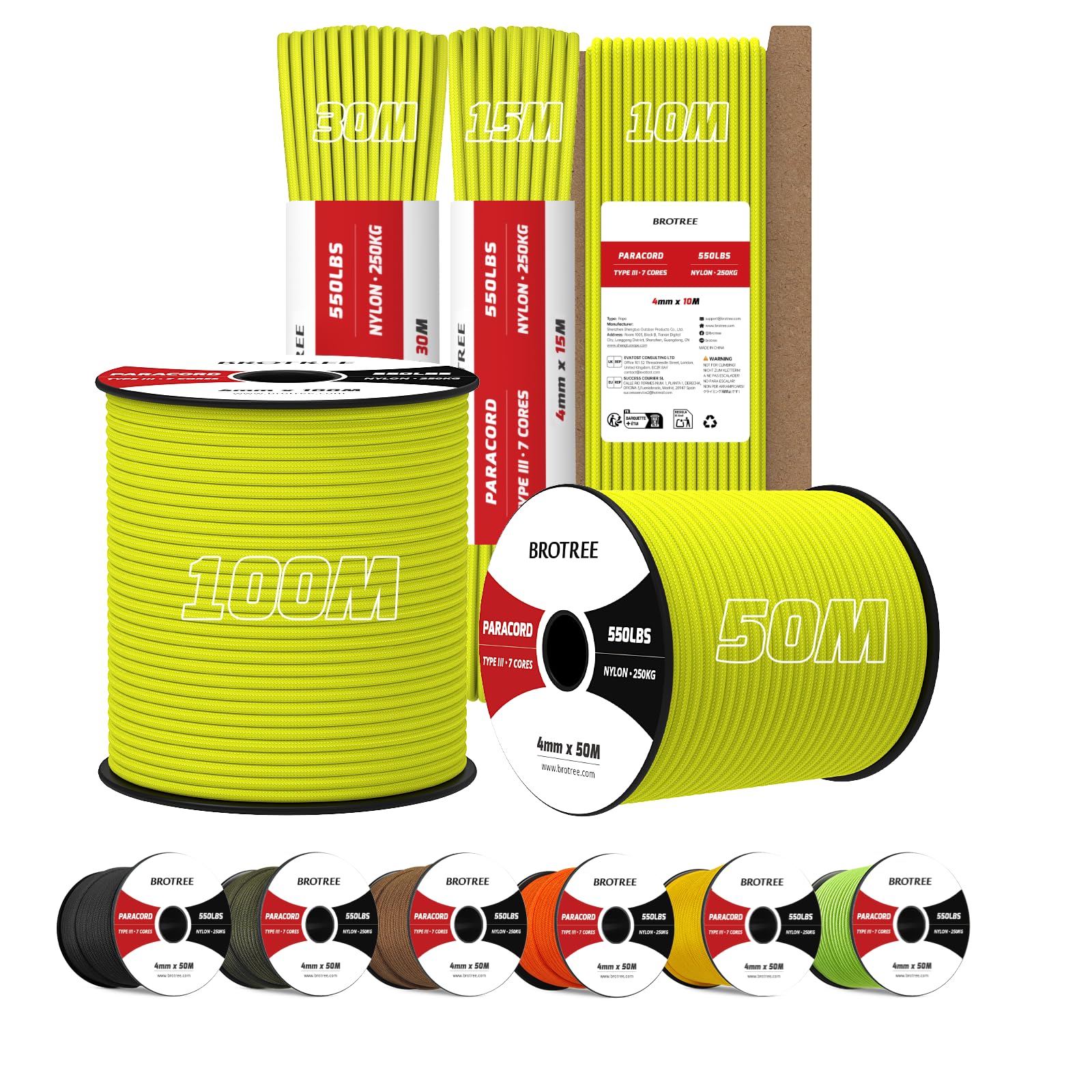 Brotree 4mm Paracord 550 15M 100% Nylon Rope 7 Strands Type III Parachute Cord for Outdoor and DIY - 250kg Breaking Load (Neon Yellow)