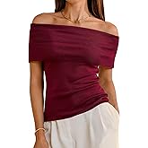 Arach&Cloz Women's Convertible Neckline Off-Shoulder Cowl Neck Slim Fit Tops 2025