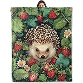 Hedgehog and Strawberry Throw Blanket for Boys Girls Kids Adults, Cozy Woodland Animal Theme Flannel Blankets Gifts for Camping, Bedroom, Couch, Room Home Decor, 50"x60"