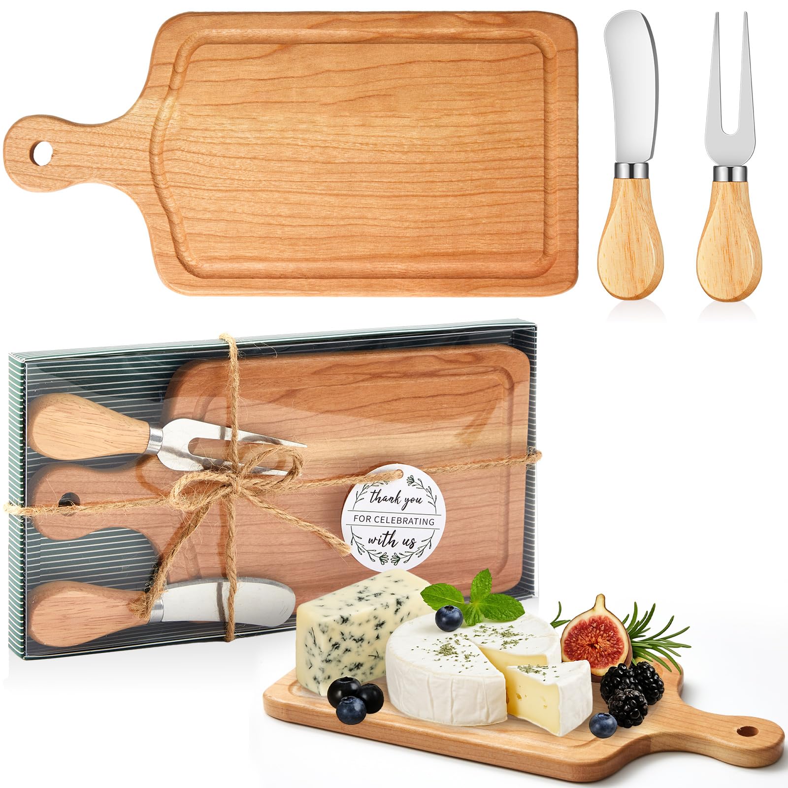Photo 1 of Ziliny 1 Set Bridal Baby Shower Cheese Prizes Wooden Square Board Gift Set Knives Forks Thank You Tags with Box for Guests for Valentines Bridal Baby Shower Housewarming (Cherry Wood)