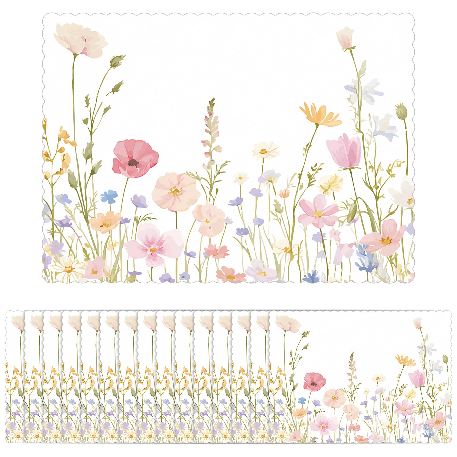 Photo 1 of 100 Pcs Spring Floral Paper Placemats Bulk 10 x 14 Wildflower Scalloped Disposable Placemats Decorative Charger Table Mat for Spring Summer Party Wedding Banquet Party Holiday Table Decor