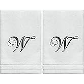 Monogrammed Towels Fingertip, Personalized Gift, 11 x 18 Inches - Set of 2- Black Embroidered Towel - Extra Absorbent 100% Cotton- Soft Velour Finish - For Bathroom/ Kitchen/ Spa- Initial W (White)