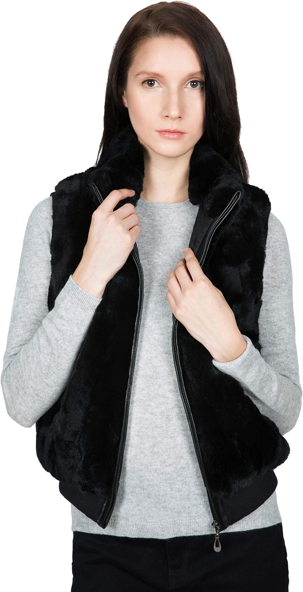 OBURLA Women's 100% Real Rex Rabbit Fur Vest - Warm Sleeveless Fur Jacket with Zipper and Genuine Leather Accent