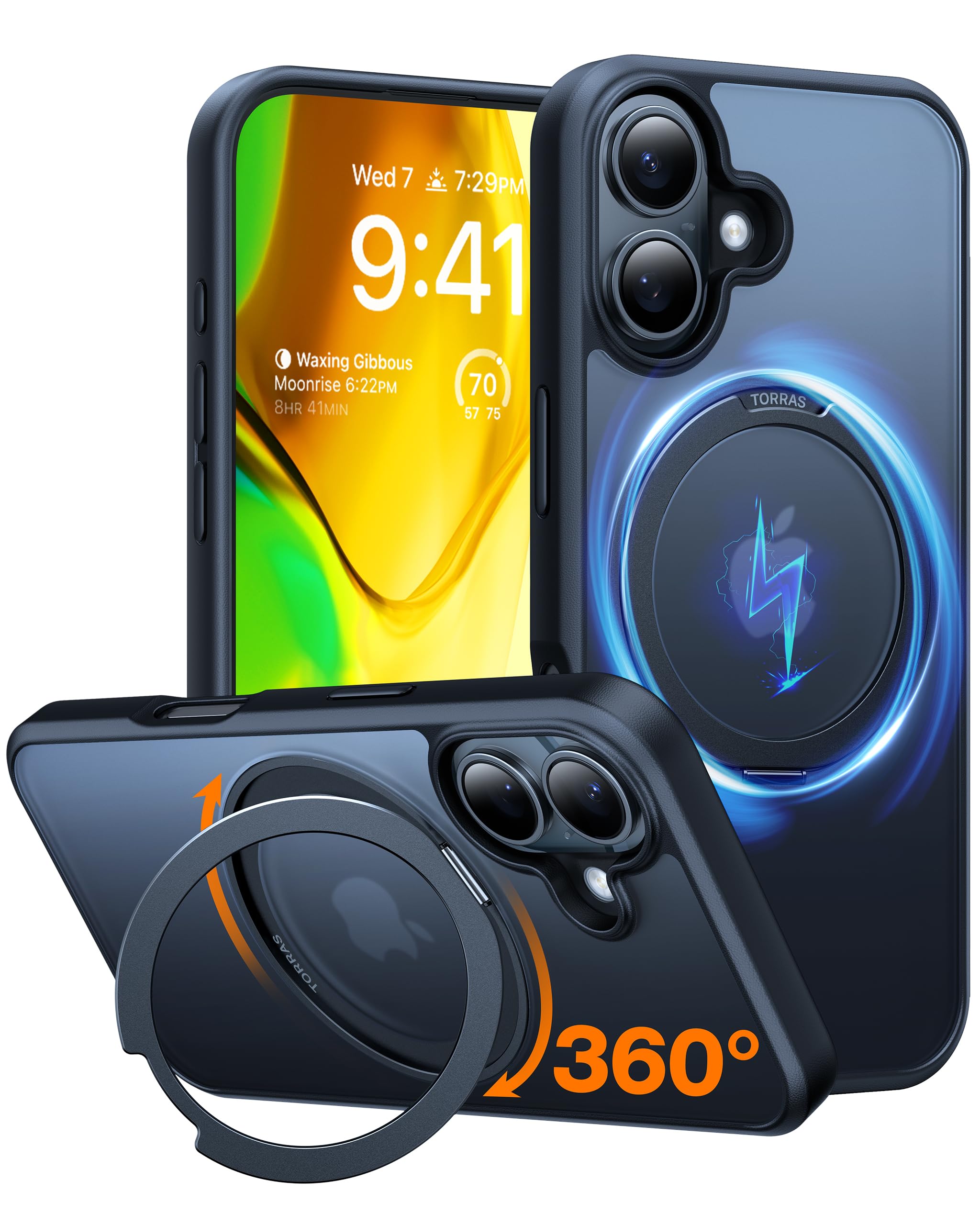 Photo 1 of TORRAS 360°Rotatable Magnetic Ring for iPhone 16 Plus Case, Fit for MagSafe with Stand & Ring Holder, 16FT Military Grade Shockproof Translucent Back Case for iPhone 16 Plus Phone Case Ostand, Black