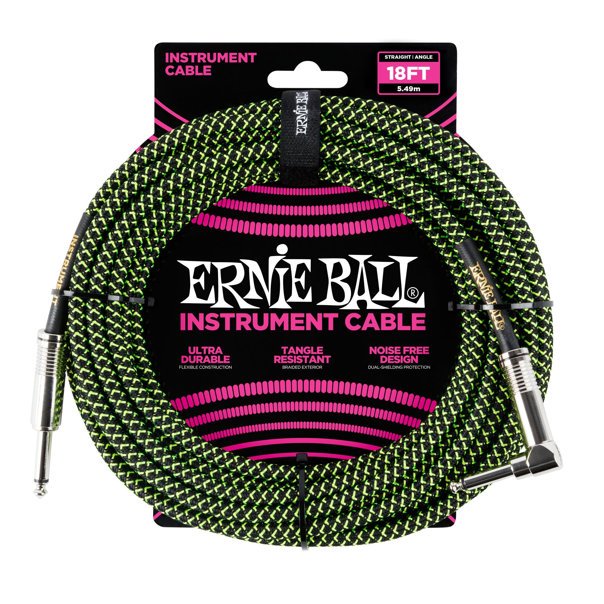 Ernie Ball 18 ft Braided Straight Angle Inst Cable Black Green