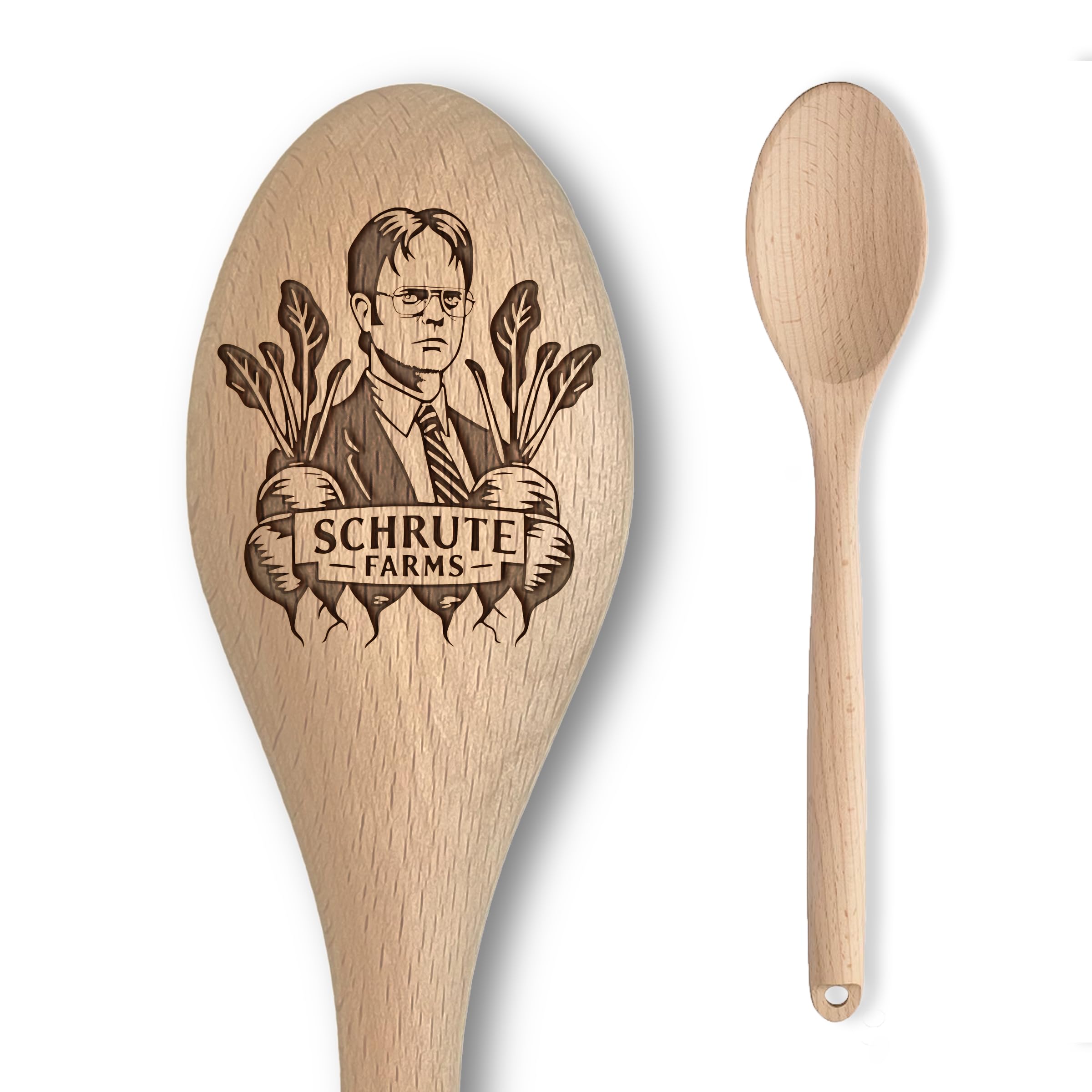 The US Office Dwight Schrute Inspired Wooden Spoon – Schrute Farms Inscription – Funny Cooking Baking Gift for Men & Women - Unofficial Fan Item (Schrute Farms)