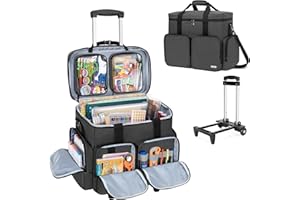CURMIO Rolling Scrapbook Tote on Wheels, Scrapbook Storage Bag with Detachable Trolley and Bottom Wooden Board, Rolling Craft