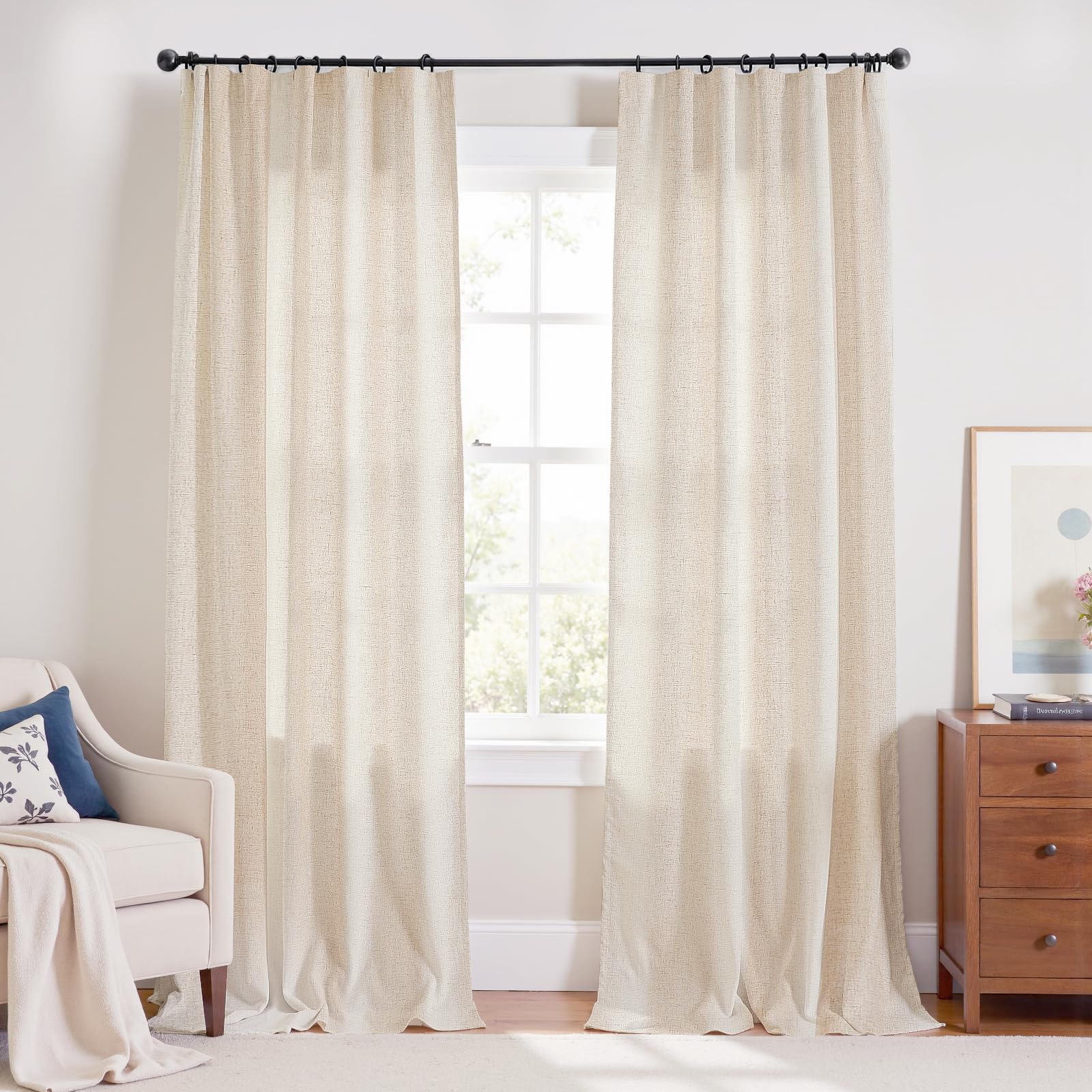Photo 1 of jinchan Beige Linen Blend Curtains 108 Inches Extra Long 2 Panels for Bedroom Living Room, Light Filtering 60 Inches Wide Natural Farmhouse Drapes with Rod Pocket Back Tab (60W x 108L, Ecru)