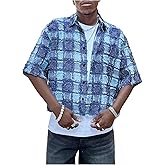 GORGLITTER Men's Cropped Shirt Button Up Short Sleeve Color Block Distressed Y2k Crop Top Streetwear