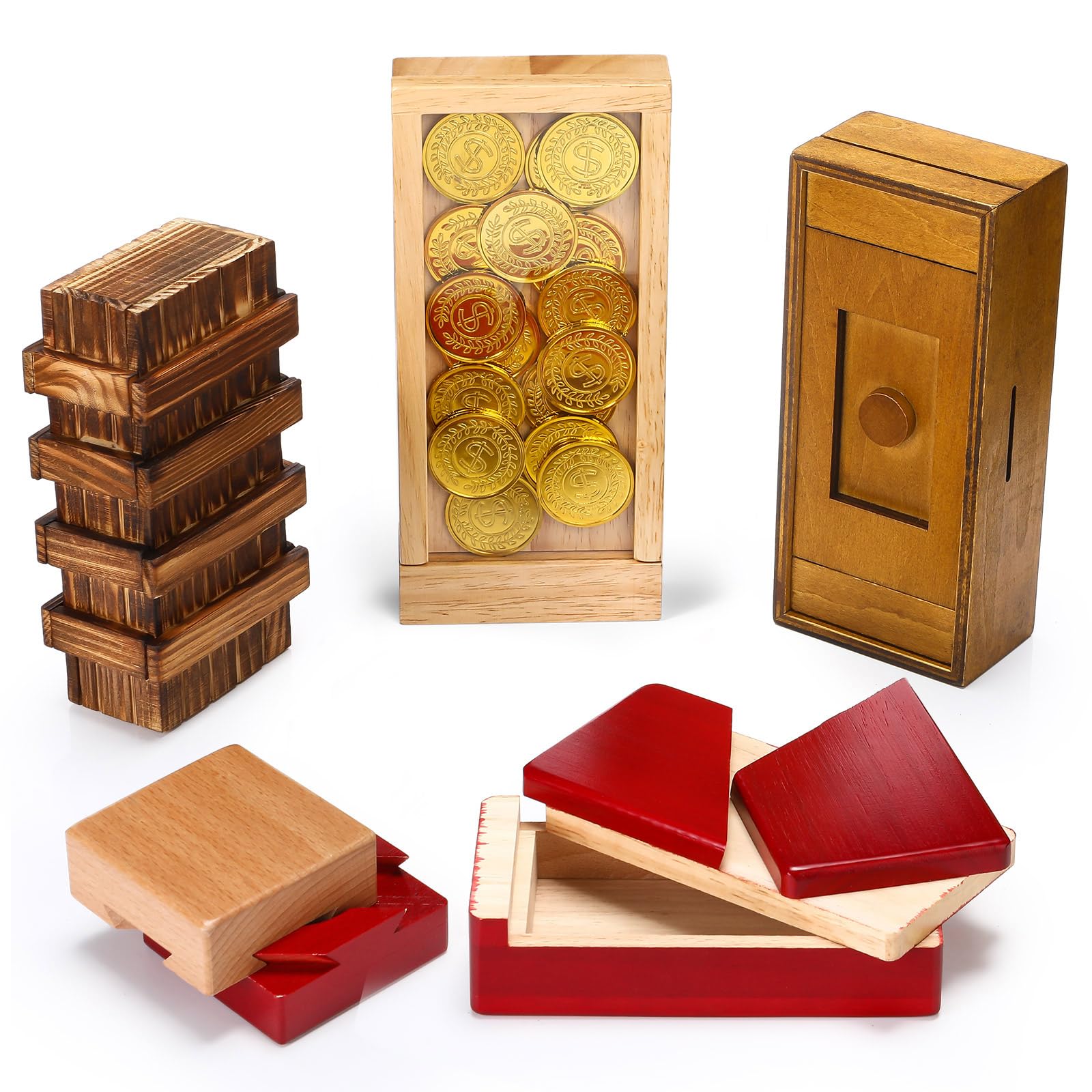 Photo 1 of Hanaive 5 Pack Christmas Puzzle Box Gift Wooden Secret Money Puzzle Box with Hidden Compartments 3D Wooden Brain Teaser Magic Drawers Difficult Cash Gifts for Adults(Retro Style)