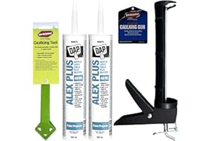Caulking Kit 4 Piece: 2X DAP Alex Plus Acrylic Latex Silicone (10 oz, White), 1x Caulking Gun & 1x Caulk Finishing Tool - Per