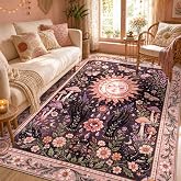 5x7 Black and Pink Area Rug Living Room Bedroom, Washable Boho Gothic Rug | Soft Low-Pile Comfort for Dining Room, Nursery and Playroom with Whimsical Celestial Artwork