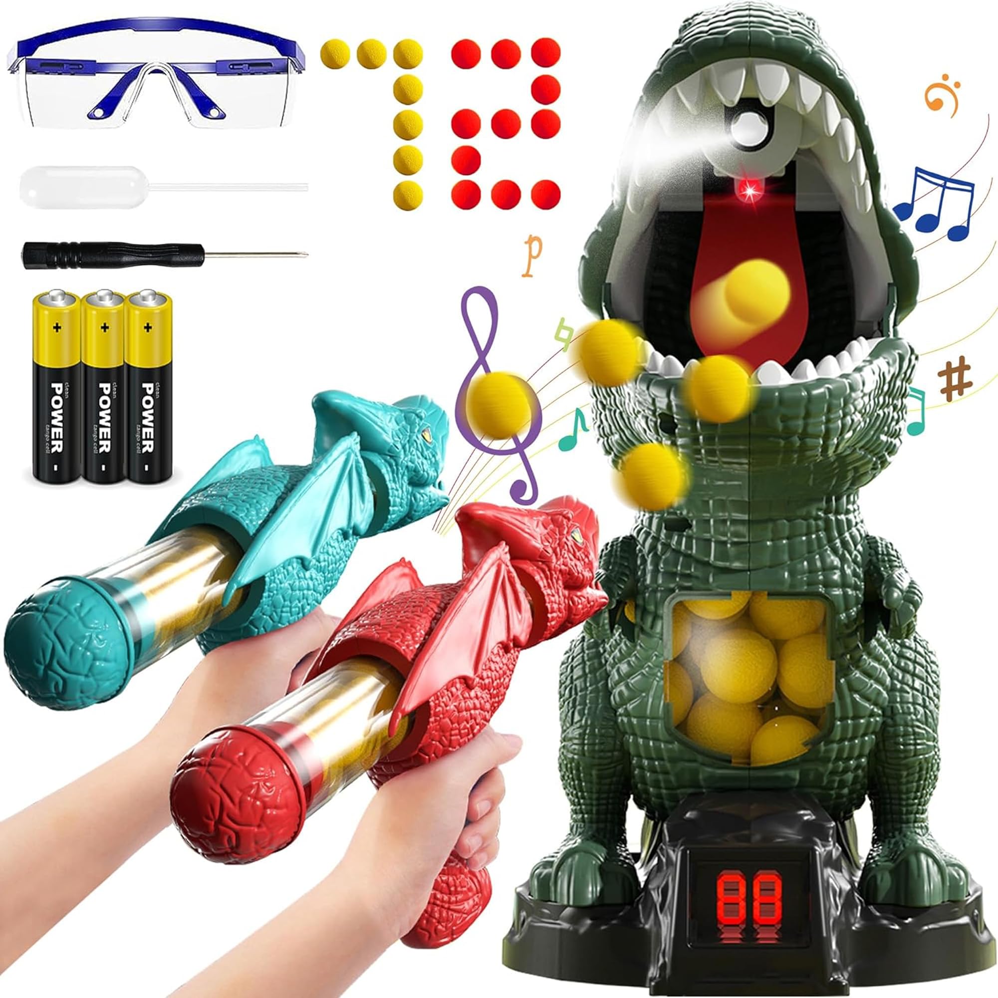 NMM Movable Dinosaur Shooting Toy for 4 5 6 7 8 Year Old Boys, Shooting Target Games Toy with 2 Air Pump Gun, 72 Foam Balls, LED Score Record, Spray, Sound for Boys Girls Christmas Birthday Gifts