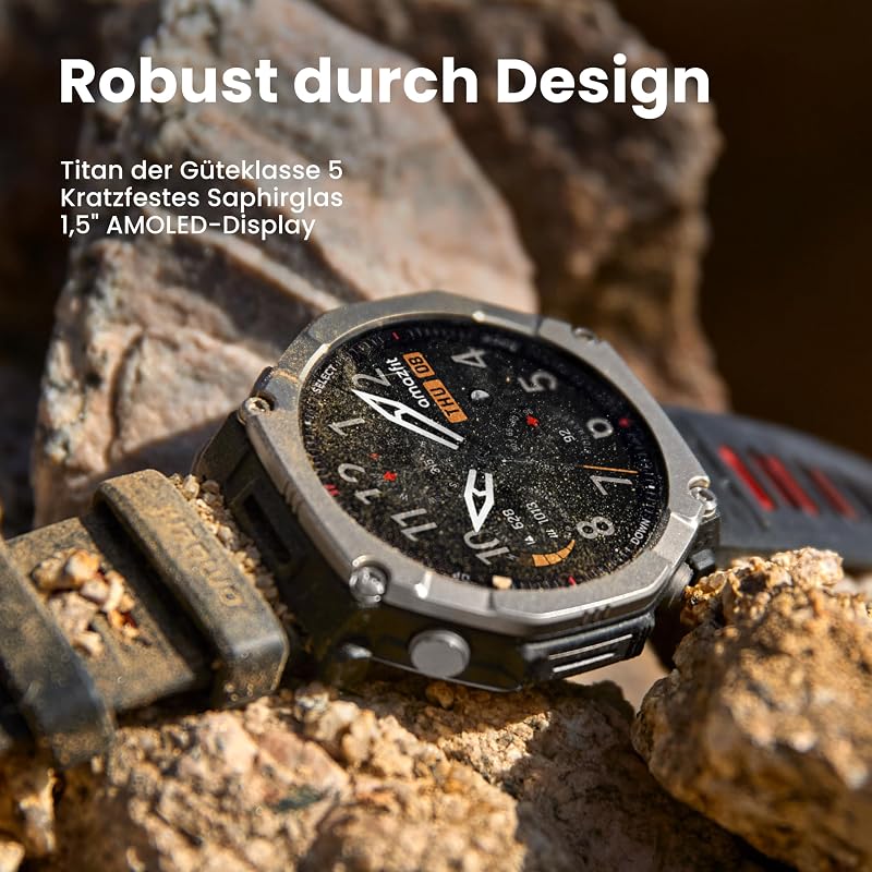 T-Rex Ultra 2 Dualband-GPS Outdoor Smartwatch, 51 mm Titangehäuse, 1,5" Saphir AMOLED Display, Taschenlampe, 30 Tage Akkulaufzeit, Offline-Karten, 10 ATM, 180+ Sportmodi für Android & iPhone