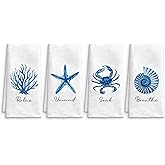 QICLM Beach Hand Towels for Bathroom Kitchen Set of 4, Costal Beach Kitchen Towels, Blue Ocean Coral Starfish Crab Conch Decorative Towels for Bathroom, 16x24 Inch