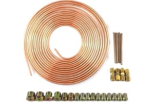 QHHR Brake Line Tubing Kit - 25 Ft 3/16 Copper Coated Flexible Tube with 16 Fittings + 3/16" OD Brass Compression Union 4pcs + 3.8" Long Brake Line 4pcs