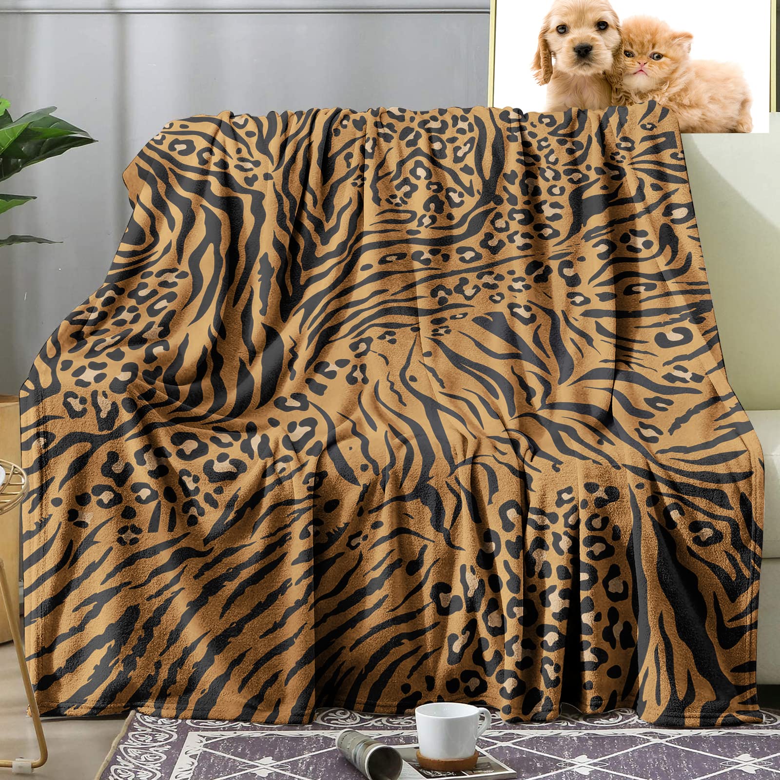Sowide Tiger Leopard Print Blanket, Brown Tiger Blanket Throws, Soft Fleece Flannel Animal Print Blanket, Cozy Warm Fuzzy Plush Gifts Mother Adults, Home Bed Couch Nap, 50''x60'', M(130x152cm)