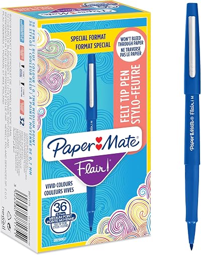 Paper Mate Flair Felt Tip Pens Medium Point 0.7 mm 36 Count Blue