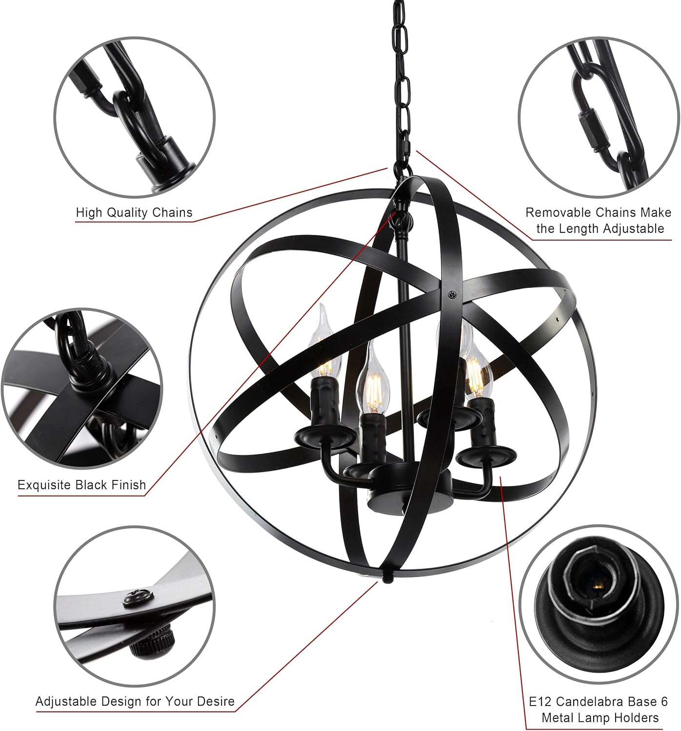 Lika 4-Light Chandelier 15.7" Farmhouse Rustic Industrial Pendant Lighting with Metal Spherical Shade Black Chandeliers for Dining Room, Kitchen, Foyer - - 