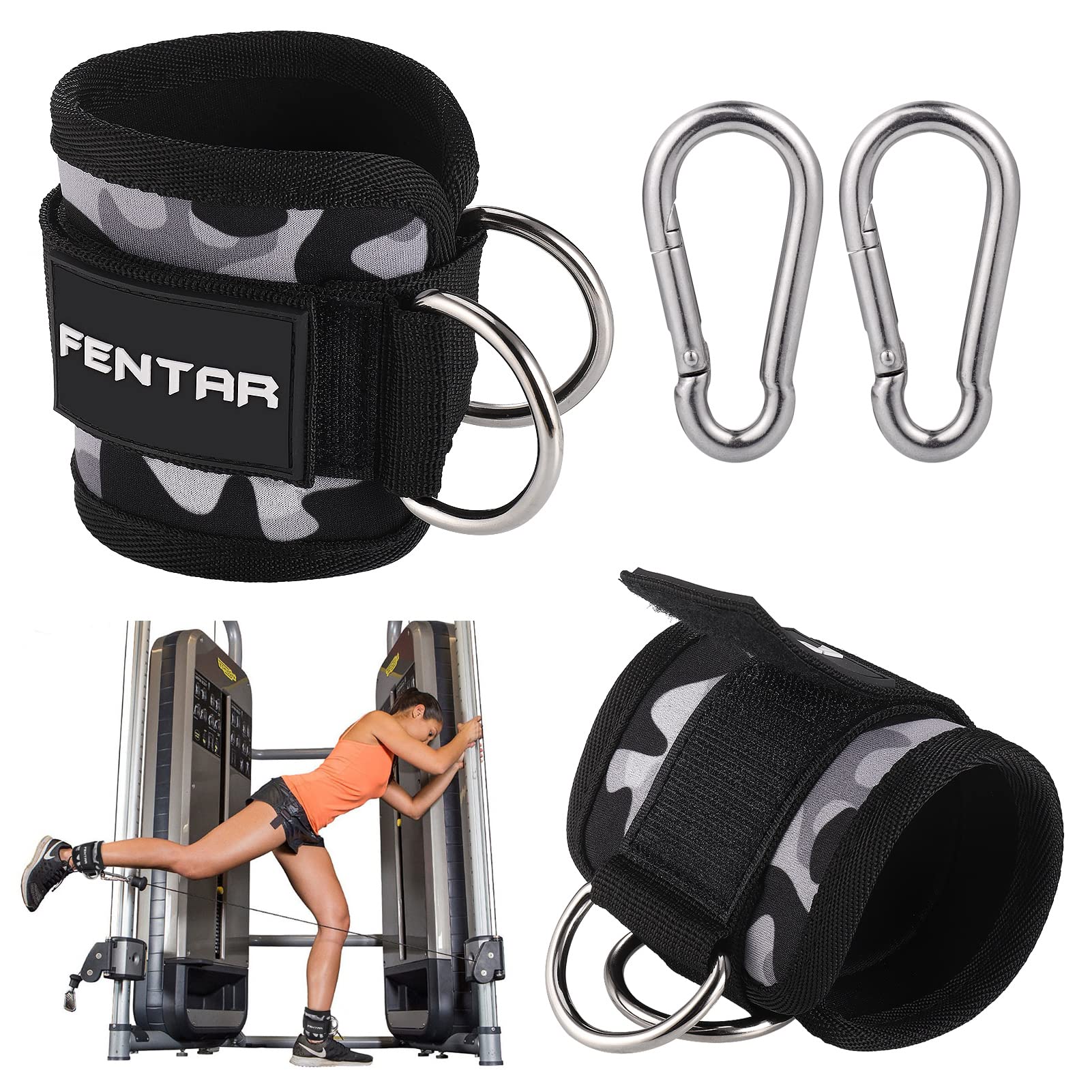 Fentar 2Pcs Adjustable Ankle Cuffs for Cable Machine, Comfortable Gym Straps, Double D-Ring Ankle Cuffs, Fitness Leg Velcro Straps Exercise Attachment (Camouflage)