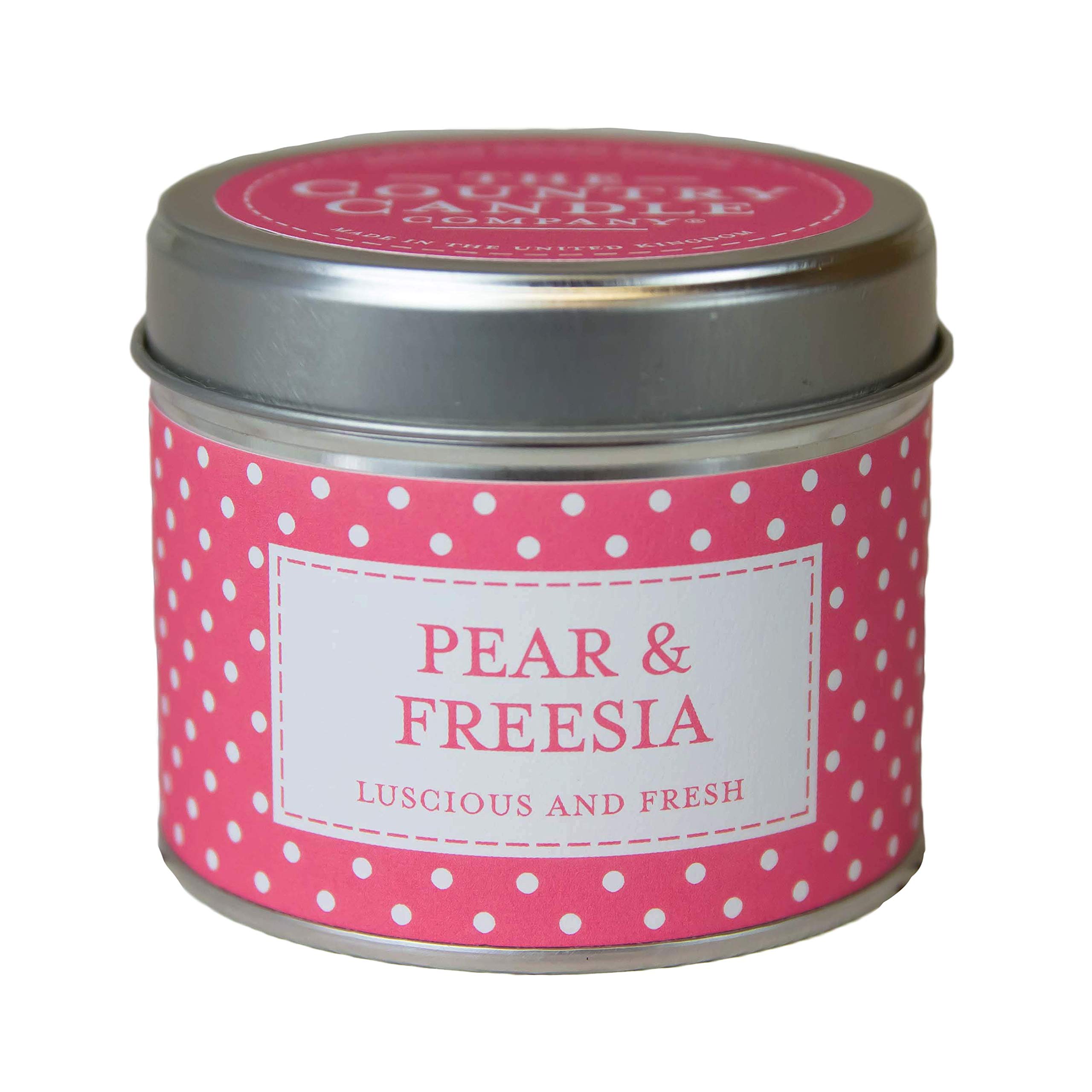 The Country Candle Company Polka-dot Tin Candle – Pear and Freesia Scented, Up to 35 Hours Burn Time