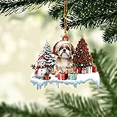 Talataca Shih Tzu 2D Flat Christmas Ornament, Shih Tzu Gift Boxes Pine Tree Decor, Hanging House Charm Eve Keepsake, Car Rear View Mirror Accessories, Xmas Gift