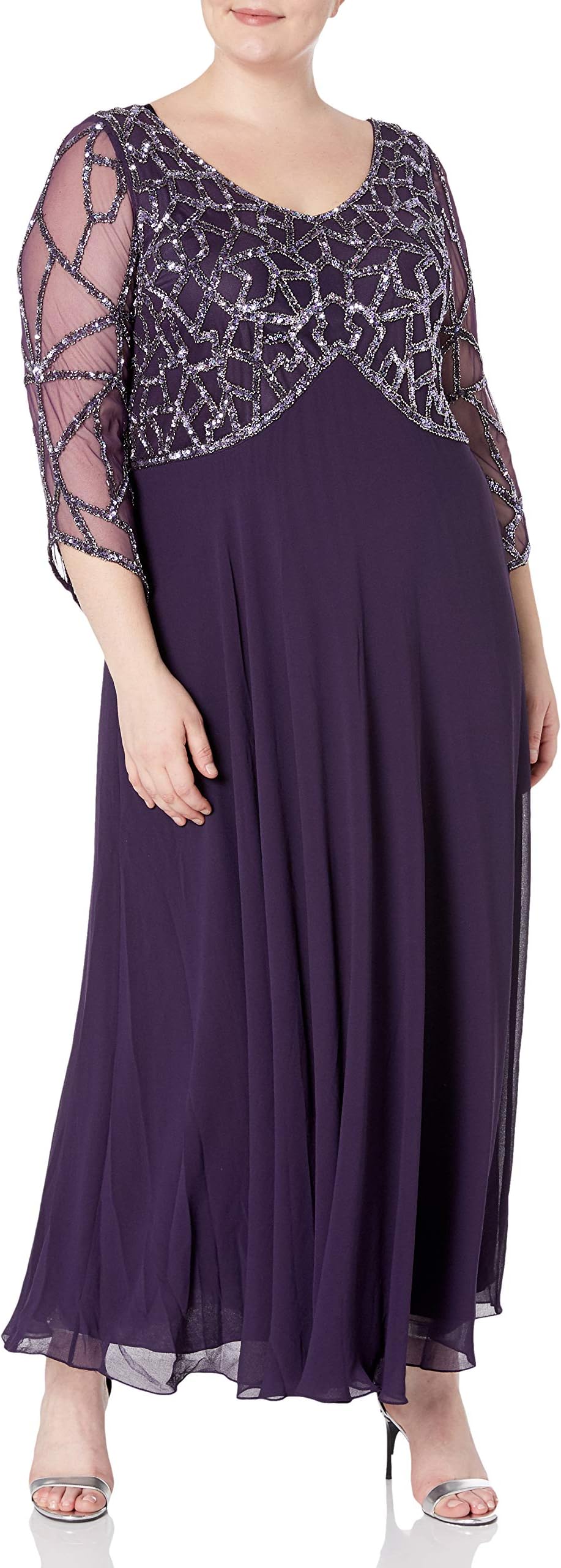 J KaraWomen's Plus Size 3/4 Sleeve Geo Beaded Gown