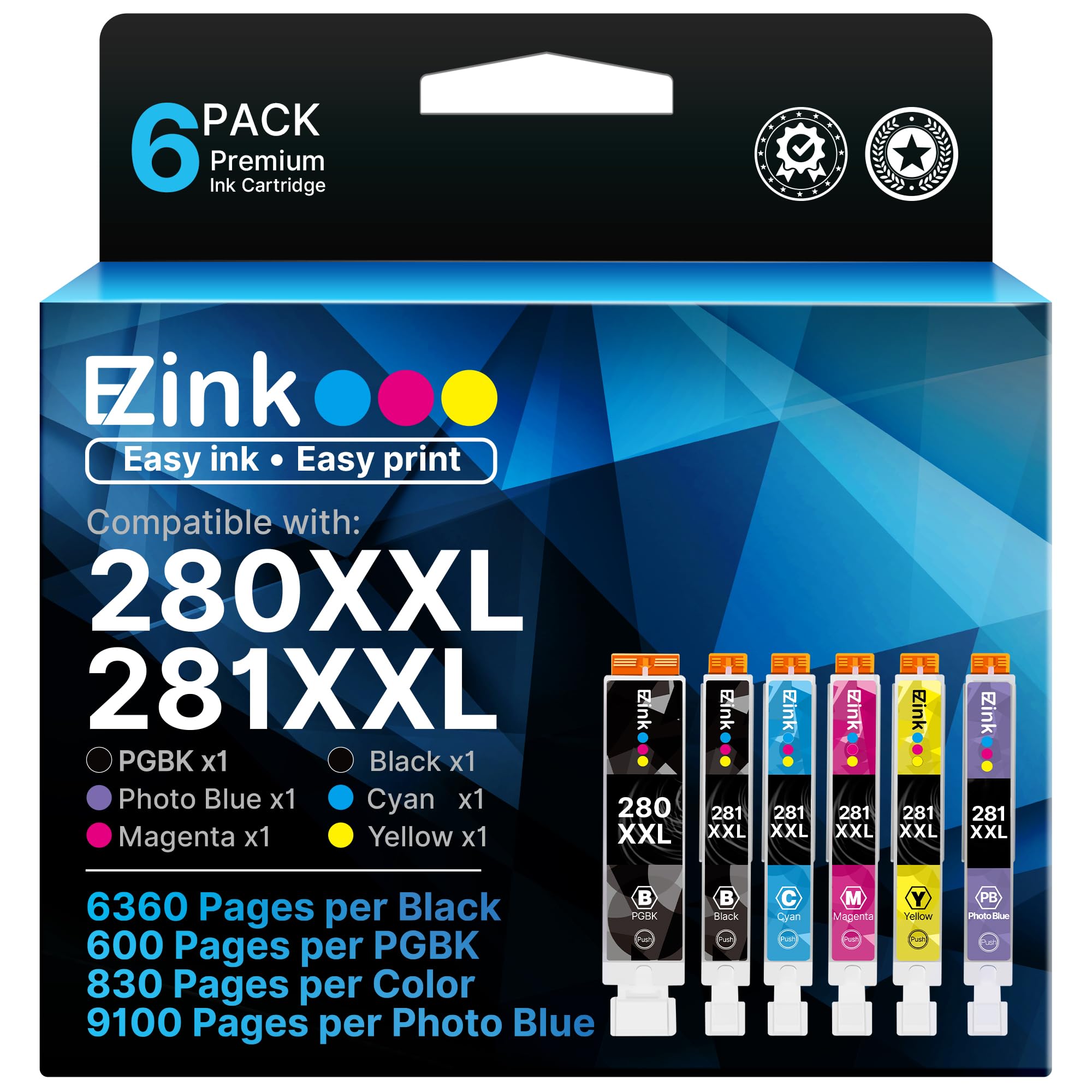 E-Z Ink Compatible TS9120 Ink Cartridge Replacement for Canon PGI-280XXL CLI-281XXL PGI 280XXL CLI 281XXL to use with PIXMA TS8320 TS8220 TS8120 (PGBK, Black, Photo Blue, Cyan, Magenta, Yellow) 6 Pack