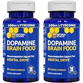 Dopamine Brain Food, Focus &amp; Mental Drive Support w/ L-Tyrosine, 120 Count | 650mg Tyrosine Supplement with Vitamin B &amp; C - Neurotransmitter Support for Mental Drive &amp; Motivation - Natural Stacks