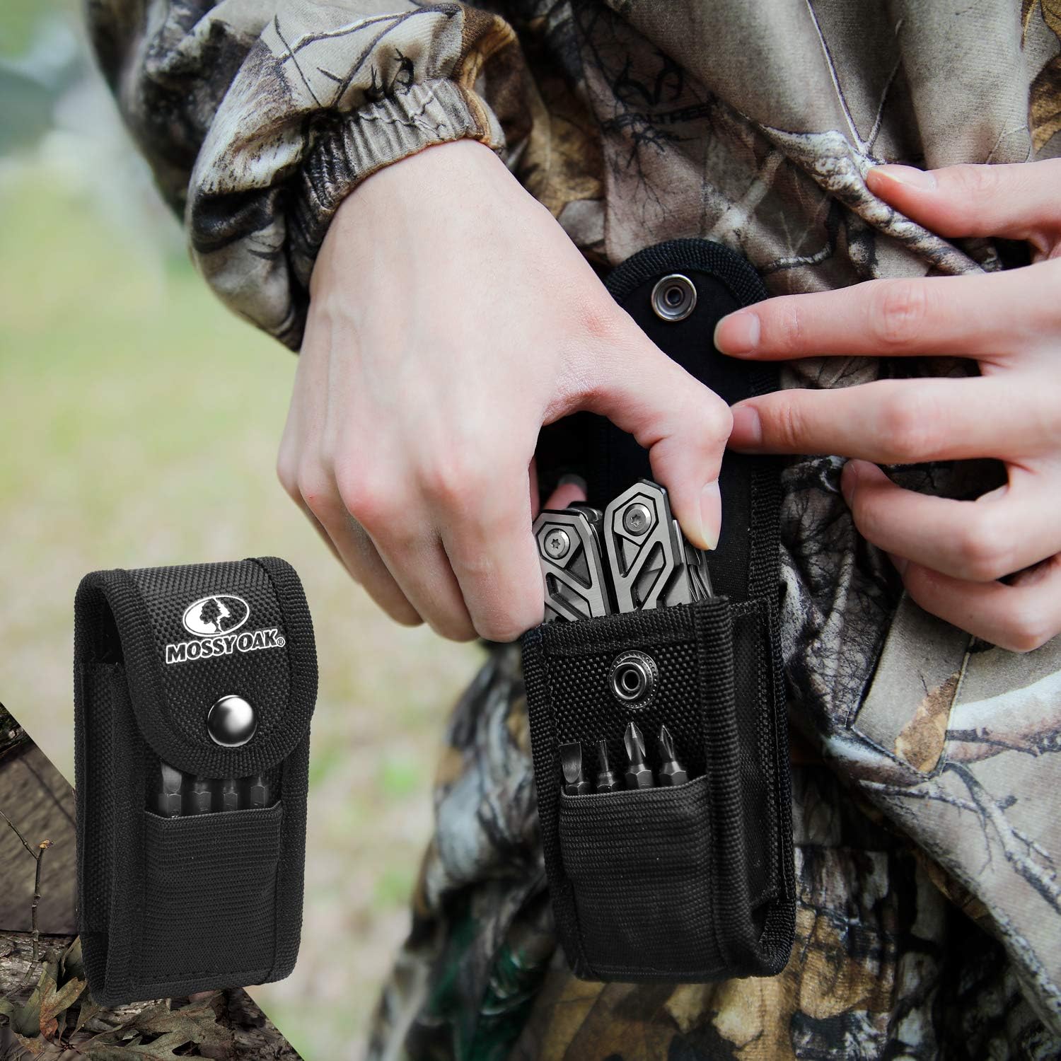 MOSSY OAK Multitool, 21-in-1 Stainless Steel Multi Tool Pocket Knife with Screwdriver Sleeve, Self-locking Multitool Pliers with Sheath-Perfect for Outdoor, Survival, Camping, Hiking, Simple Repair - - 