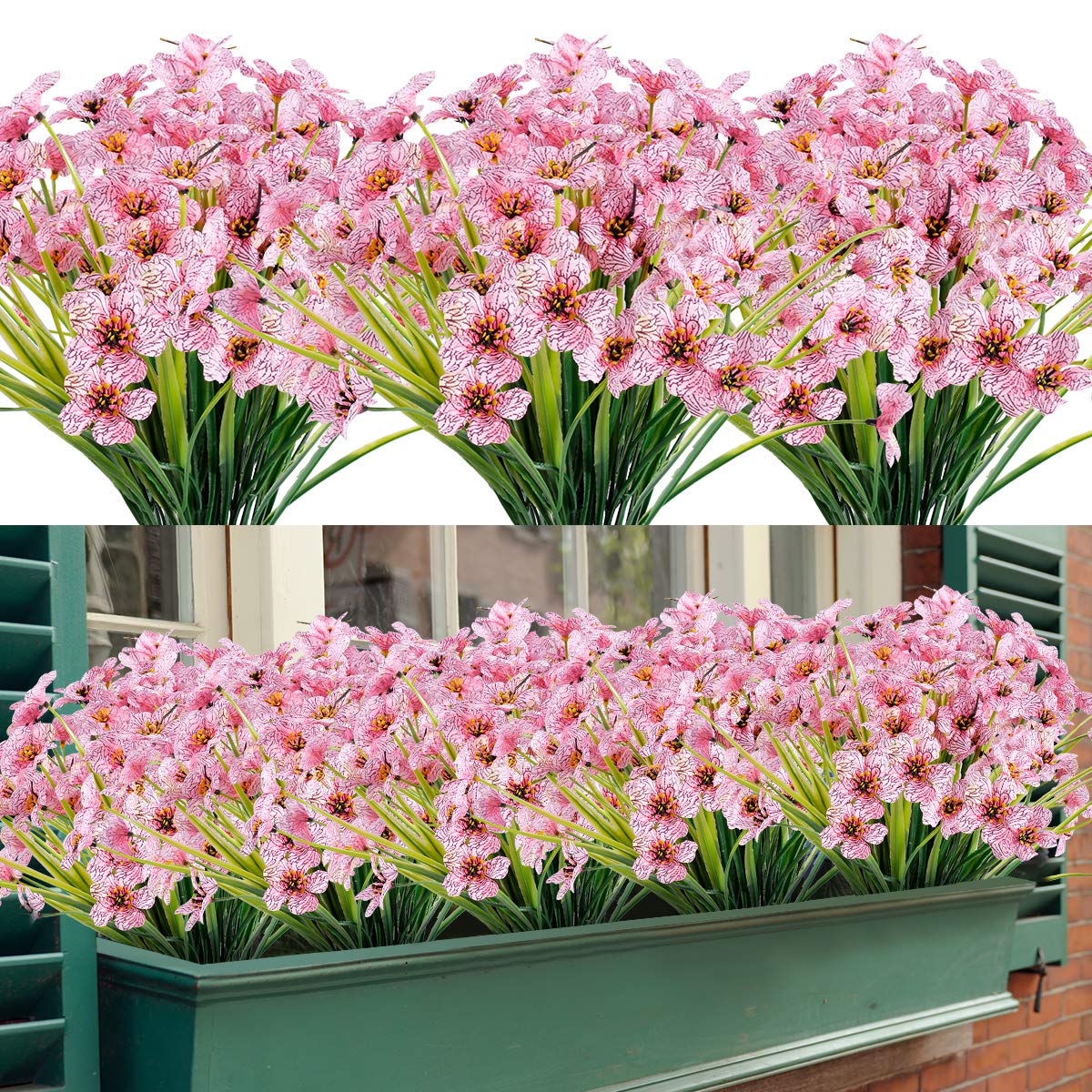 Artificial Flowers 16 Bundles Outdoor UV Resistant Fake Flowers No Fading Faux Plastic Greenery Shrubs Garden Porch Window Box Decorate (Pink)