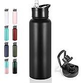 VEGOND 40 oz Insulated Water Bottle Stainless Steel Metal Water Bottles with Leak Proof Straw Lid & Spout Lid, Wide Mouth Double Walled Vacuum Travel Sports Bottle, Black