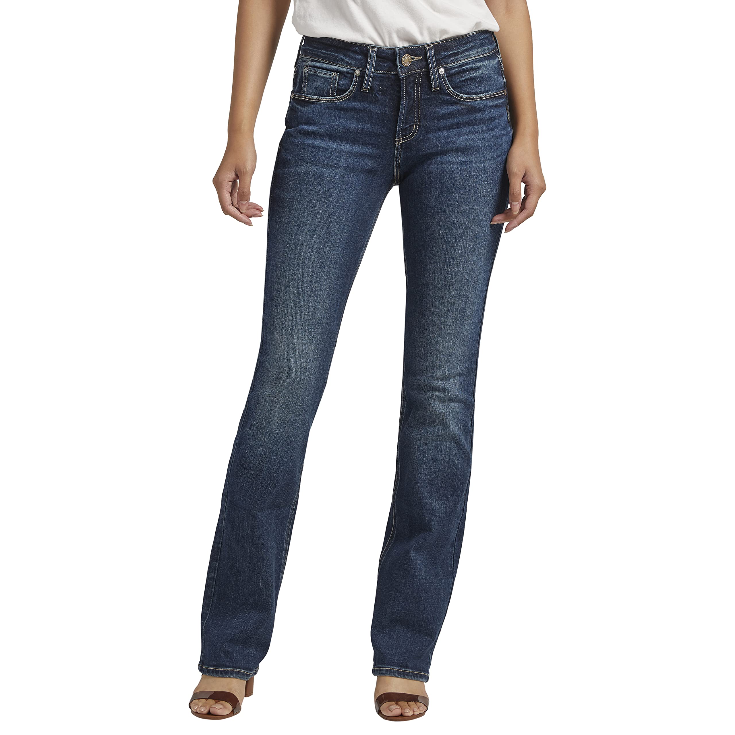 Silver Jeans Co. Women’s Suki Mid Rise Curvy Fit Slim Bootcut Jeans, Med Wash EKC385, 27W x 35L