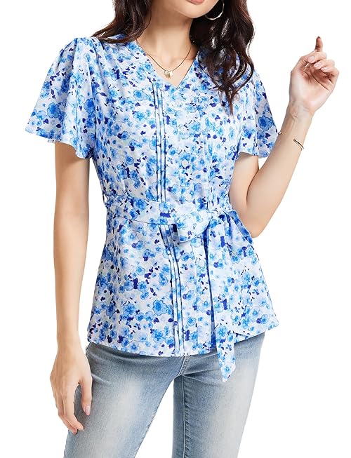 Bbonlinedress Blue Floral Tops for Women Peplum Summer Tunics Petite Blouse Dressy Casual,White Blue Flower S