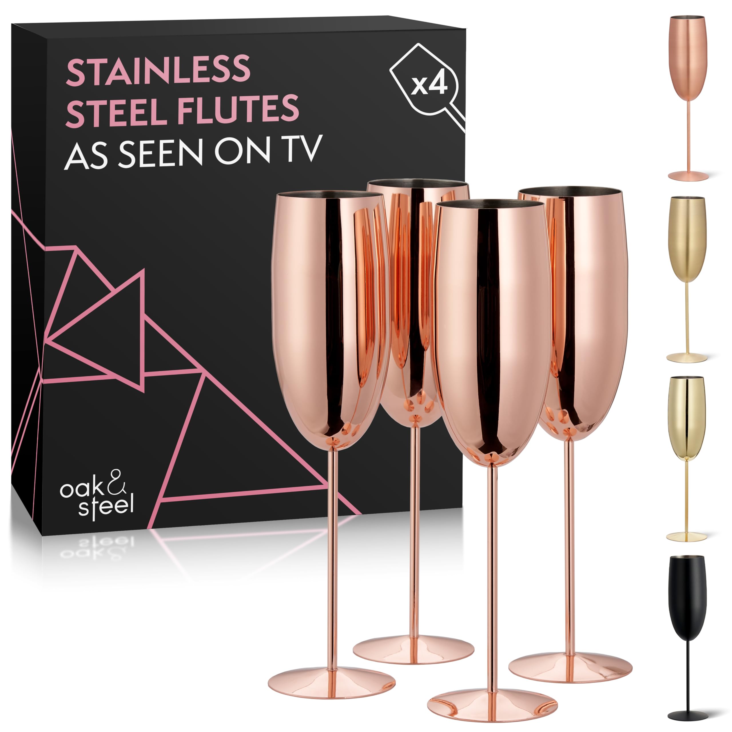 Oak & Steel - 4 Stainless Steel Champagne Flutes - Camping Wine Glasses - Picnic Champagne Flutes - Rose Gold, 285 ml