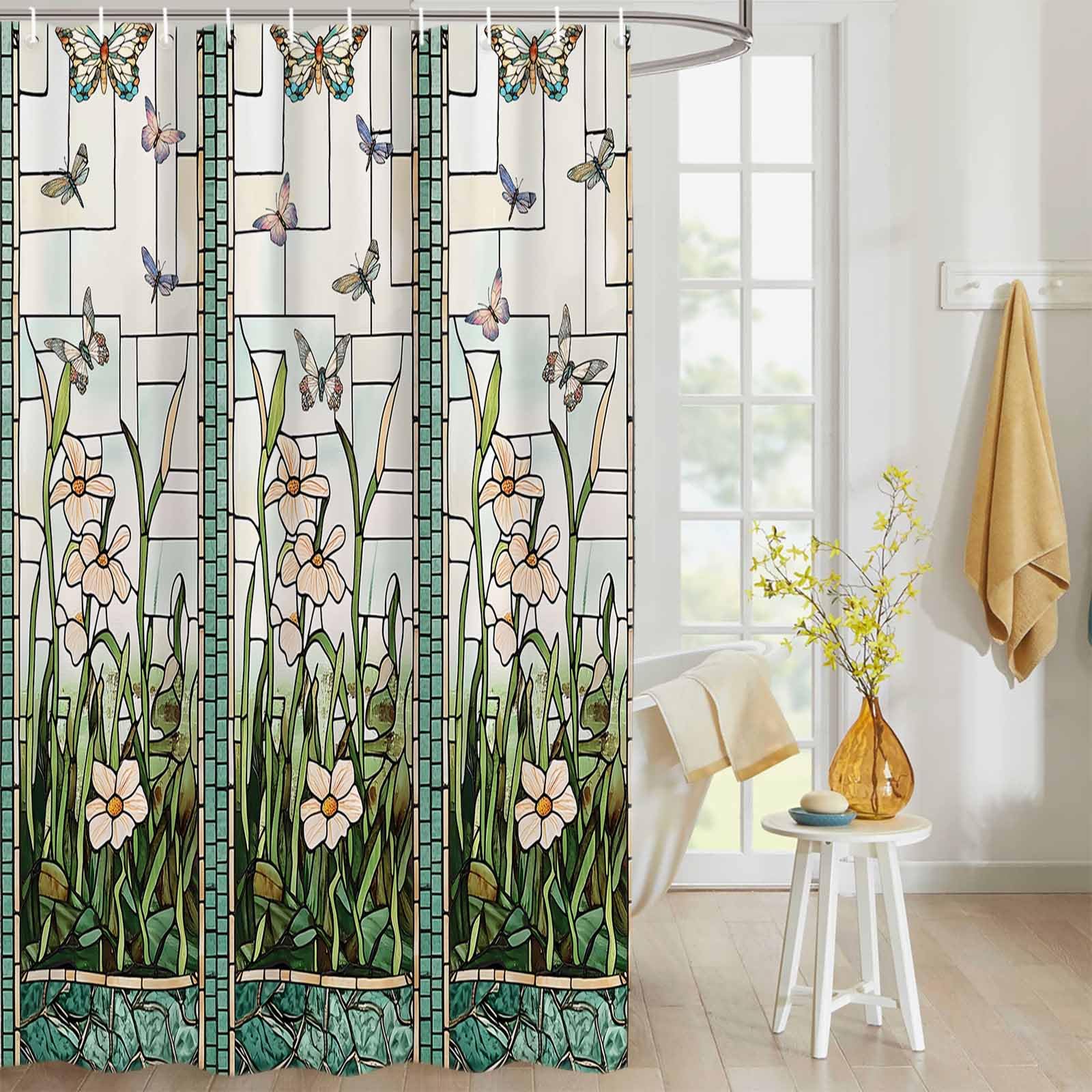 EZON-CH Waterproof Shower Curtain Stained Glass Meadow Flower Dragonfly Print Polyester Fabric Bath Curtain Home Hotel Apartment Bathroom Shower Curtain Long 72x78IN