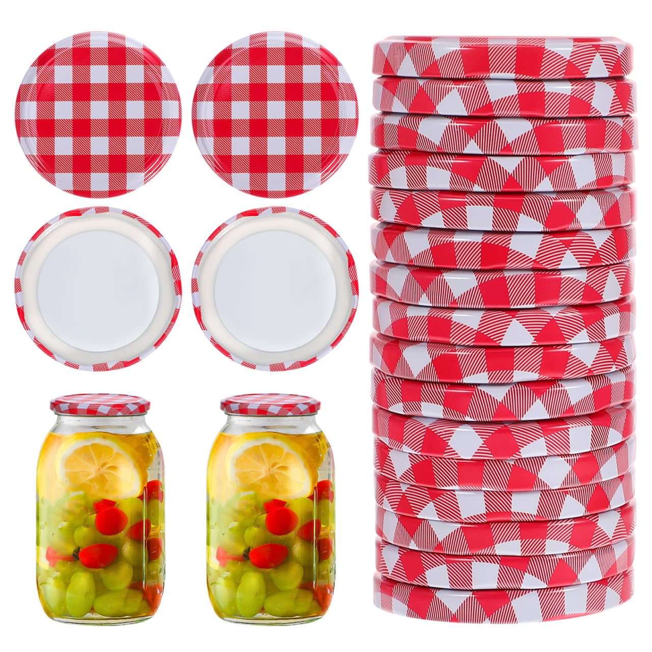 UPKOCH 40 Pcs Jam Jar Lids 63mm, Red Gingham Twist Off Replacement Canning Caps for Glass Jars, Vinegar Proof Screw Top Covers for Preserves, Marmalade, Honey, Chutney Making