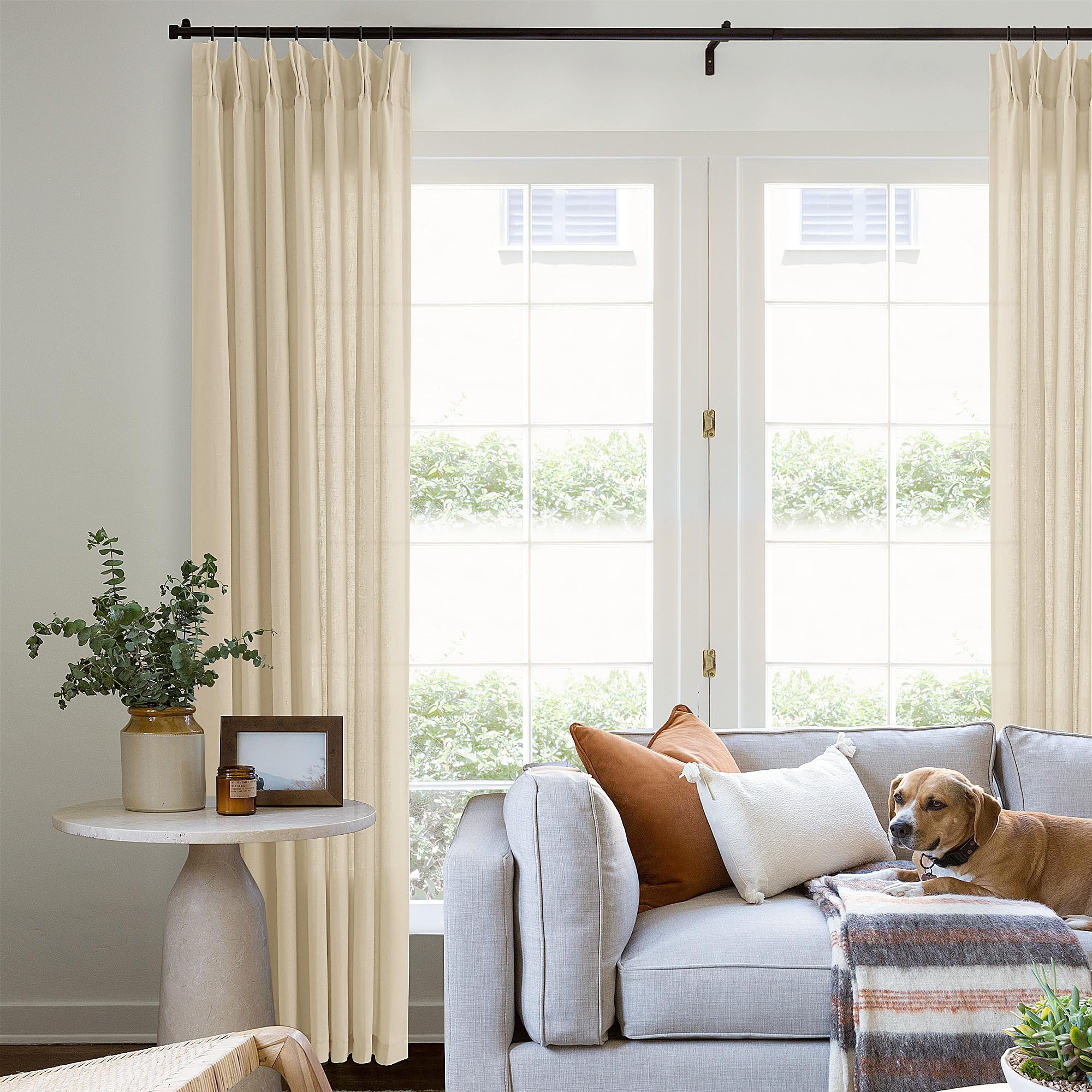 Photo 1 of 105 Inch Long Linen Pinch Pleated Light Filtering Semi Sheer Curtains for Sliding Glass Doors Custom Memory Shape Pinch Pleat Drapes with Hooks Rings Back Tab for Living Dining Room Beige Tan 1 Panel