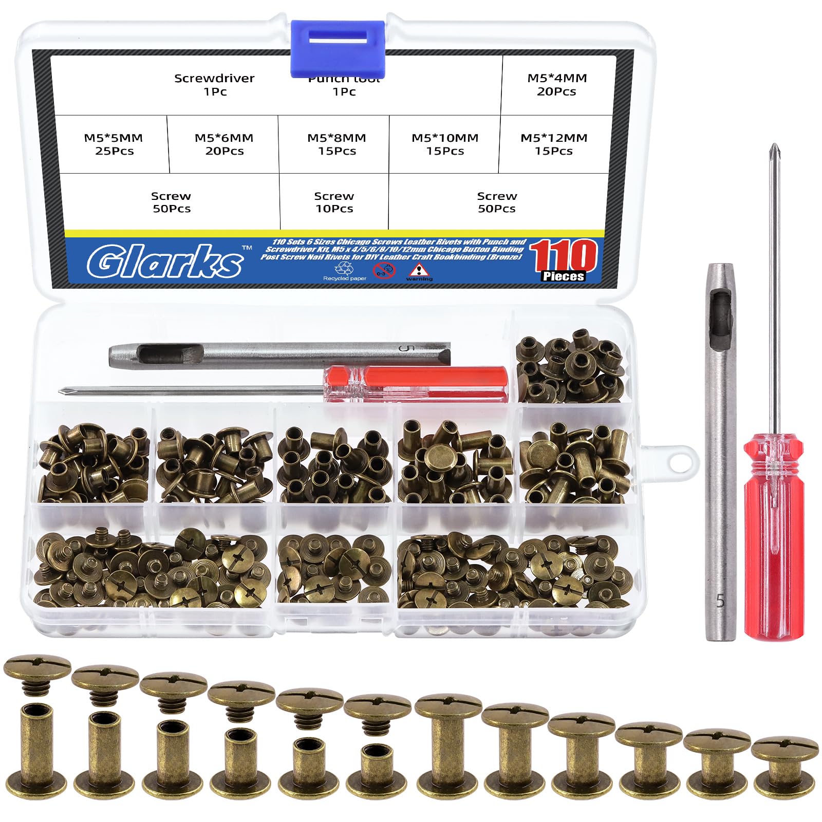 Glarks 110 Sets 6 Sizes Chicago Screws Leather Rivets with Punch and Screwdriver Kit, M5 x 4/5/6/8/10/12mm Chicago Button Binding Post Screw for DIY Leather Craft Bookbinding (Black Bronze)
