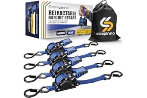 Strapinno Retractable Ratchet Straps 1 in x 10 ft, Secure Tie-Downs with Rubber-Coated Steel Handles, for Motorcycle, Jetski, Kayak, Breaking Strength 1,500LBS/680KG