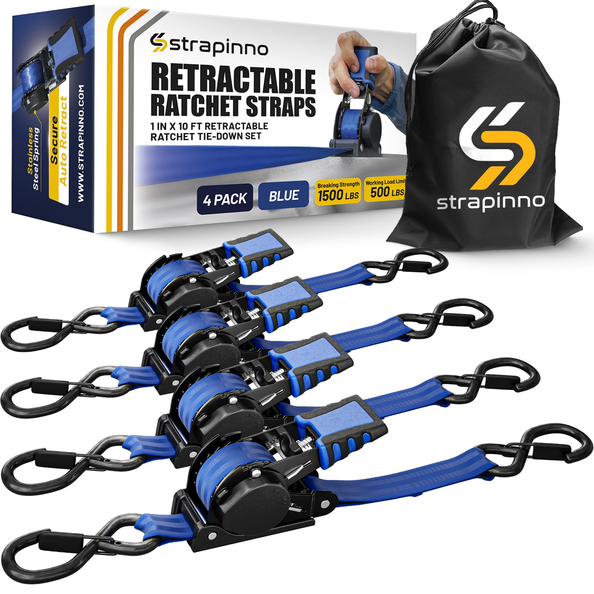 Strapinno Retractable Ratchet Straps 1 in x 10 ft, Secure Tie-Downs with Rubber-Coated Steel Handles, S-Hooks & Durable Hardware, for Motorcycle, Jetski, kayak, Breaking Strength 1,500LBS/680KG (4PCS)