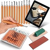 Schaaf Tools Wood Carving Kit, 12-pc mini chisel set, large handles | Wood carving tools for detail work and block printing, SK2 carbon-steel, sharpening strop and beginner tutorials included