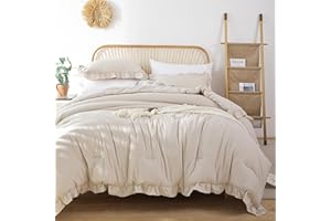 JANZAA Queen Size Comforter Beige Ruffle Comforter Set for Queen Bed 3PCS (1 Off White Comforter and 2 Pillowcases) Vintage Shabby Chic Bedding Soft Fluffy Bed Set for All Season