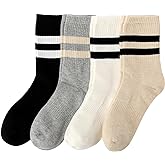 Striped Cotton Crew Socks for Women with Seamless Toe, Cute Casual Women’s Socks, Athletic Running Socks for Sport, Office, Home, School, 4 Pairs, Size 6-9