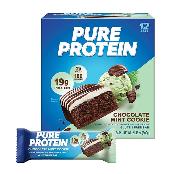 PURE PROTEIN BARS, HIGH PROTEIN, NUTRITIOUS SNACKS TO SUPPORT ENERGY, LOW SUGAR, GLUTEN FREE, CHOCOLATE MINT COOKIE,1.76OZ, 12 COUNT (PACKAGING MAY VARY)