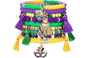 FAERLIIRY Mardi Gras Beaded Bracelets for Women Heishi Stretch Bracelets Mask Fleur De Lis Charm Bracelets Carnival Holiday Preppy Bracelets Jewelry