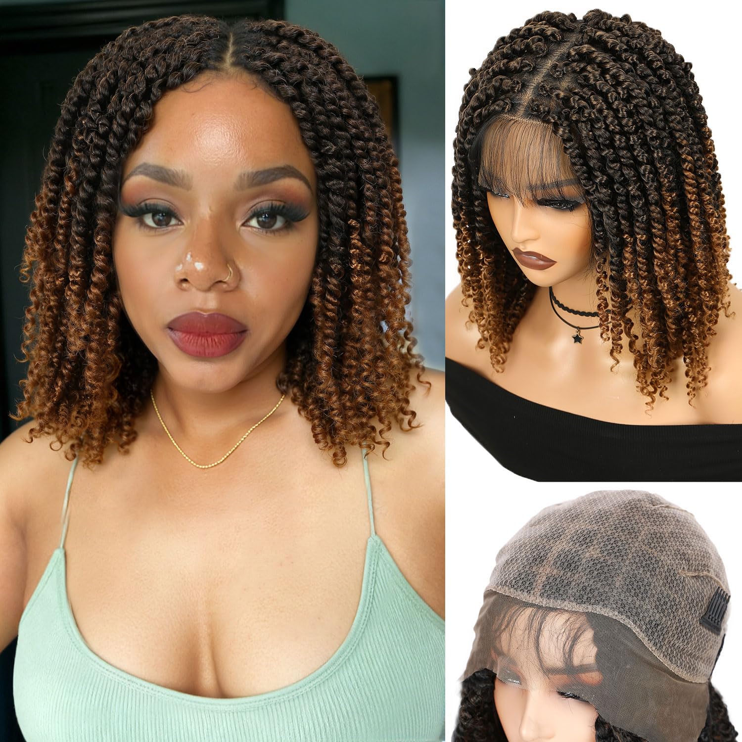 Photo 1 of Fancy Hair Double Full Lace Knotless Braided Wig Lightweight Short Passion Twist Wig with Baby Hair for Black Women (Ombre Brown)
