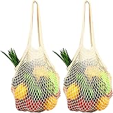 [2 Pack] Premium Mesh Grocery Bags, Reusable Produce Bags, Long Handle Net Tote Bags, 100% Cotton String Bags, Fruit and Vege
