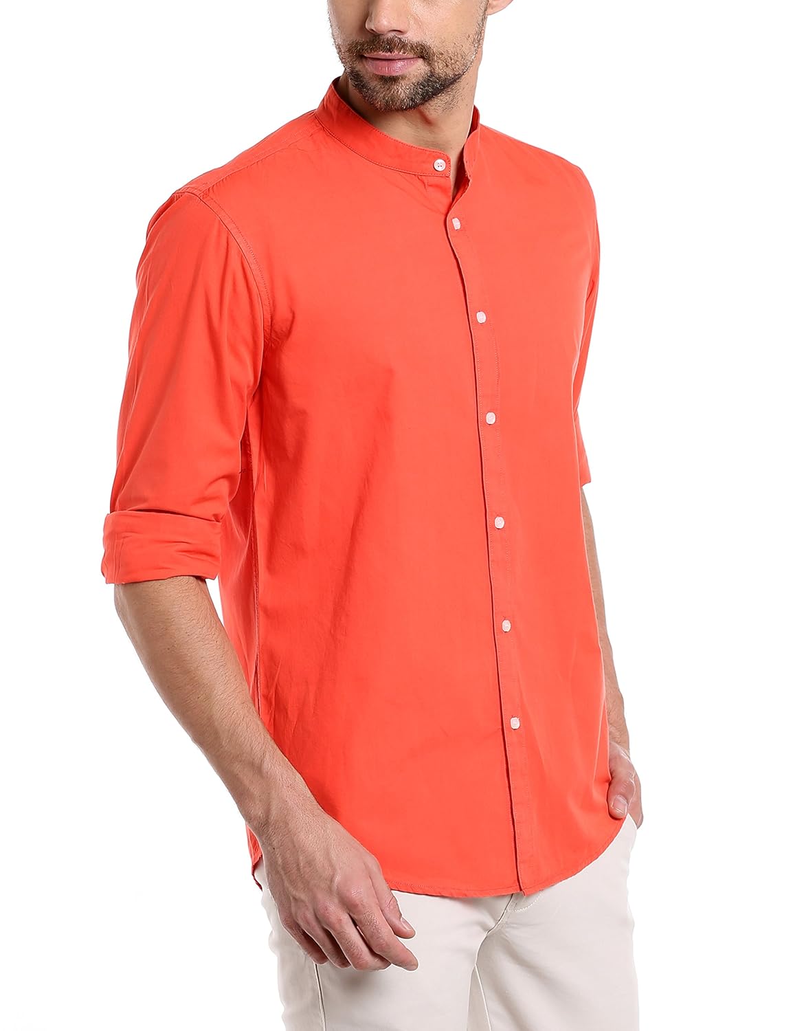 dennis lingo men's solid chinese collar orange casual shirt